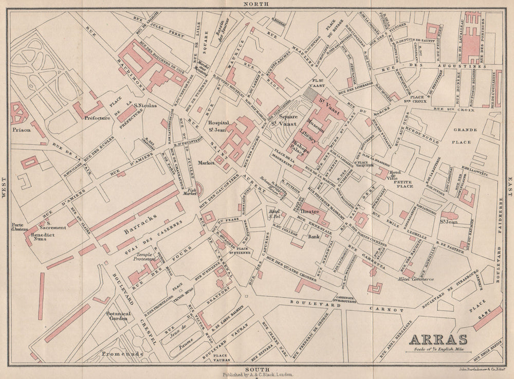 ARRAS antique town city plan de la ville. Pas-de-Calais 1913 old map