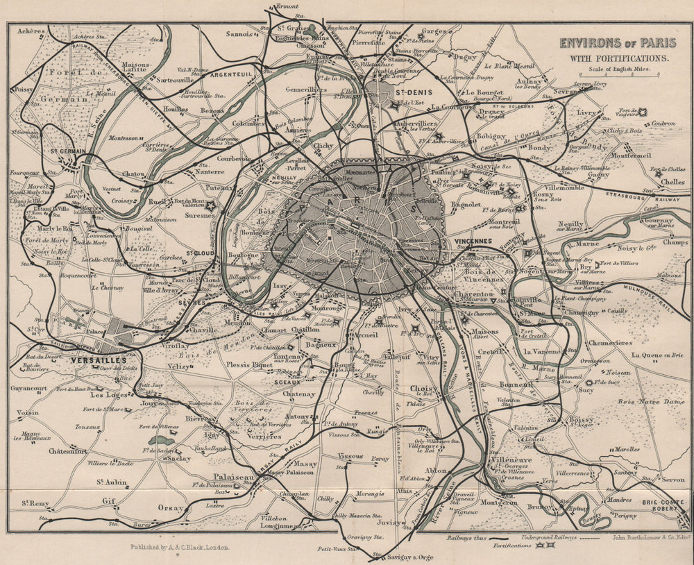 PARIS ENVIRONS with fortifications. Railways Chemins de fer 1913 old map