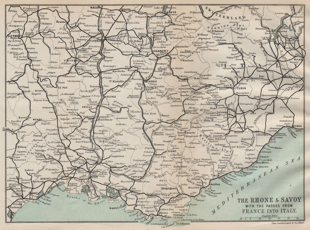 FRENCH & ITALIAN ALPS. Provence Alpes Cote d'Azur. Savoie Rhone Valley 1890 map