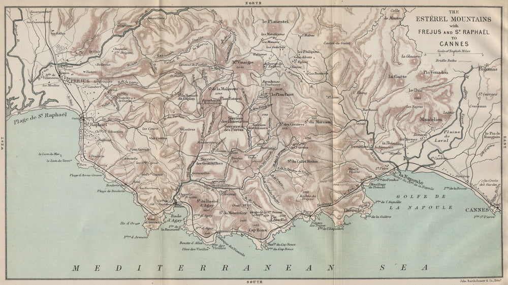 Massif de l'Esterel. Fréjus & St Raphaël Cannes. Provence 1890 old antique map