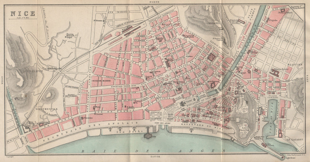 NICE antique town plan de la ville. Old City. Alpes-Maritimes  1890 map