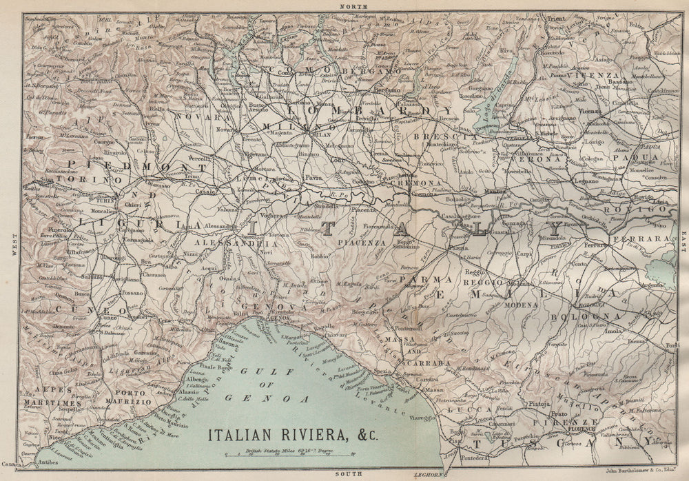 NORTH WEST ITALY. Liguria Lombardy Piedmont Emilia 1890 old antique map chart