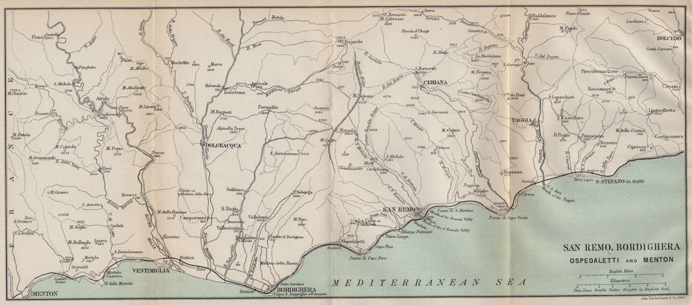 RIVIERA DI PONENTE. Menton-Ventimiglia-Bordighera-Sanremo-Santo-Stefano 1890 map