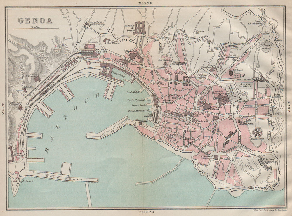 GENOA GENOVA Gênes antique town city plan mappa della città. Italy 1890