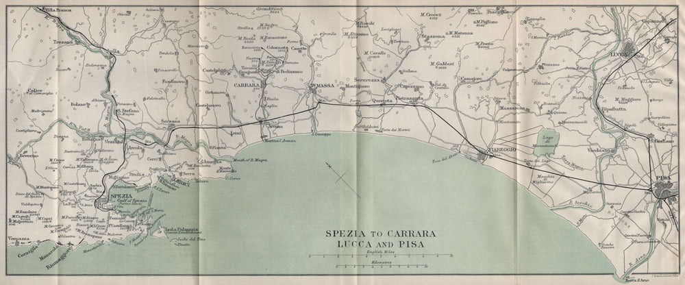 Italian coast La Spezia to Pisa. Carrara Massa Viareggio Lucca. Italy 1890 map