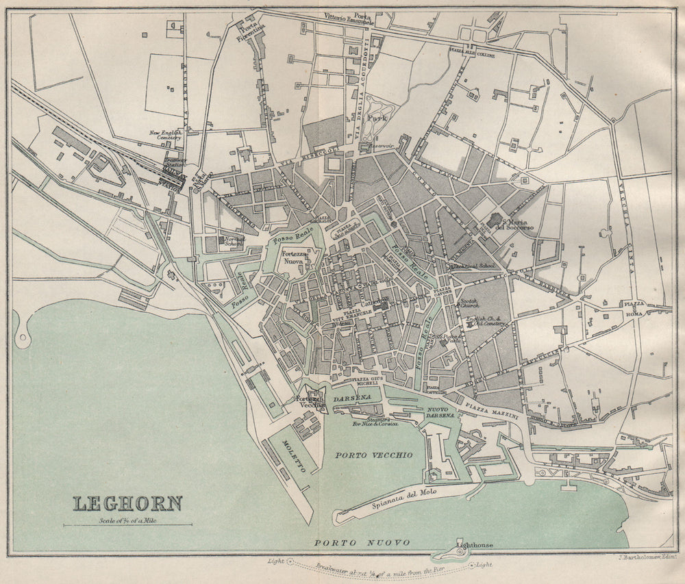 LEGHORN LIVORNO antique town city plan mappa della città. Italy 1890 old