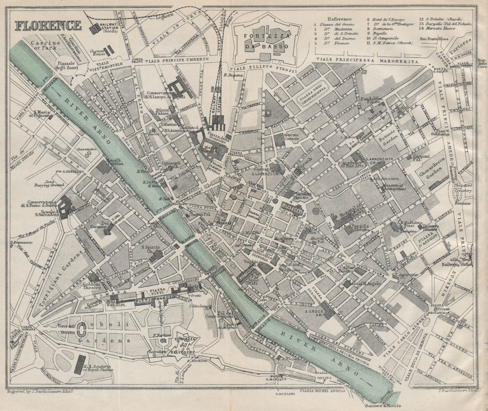 FLORENCE FIRENZE antique town city plan mappa della città. Italy 1890 old