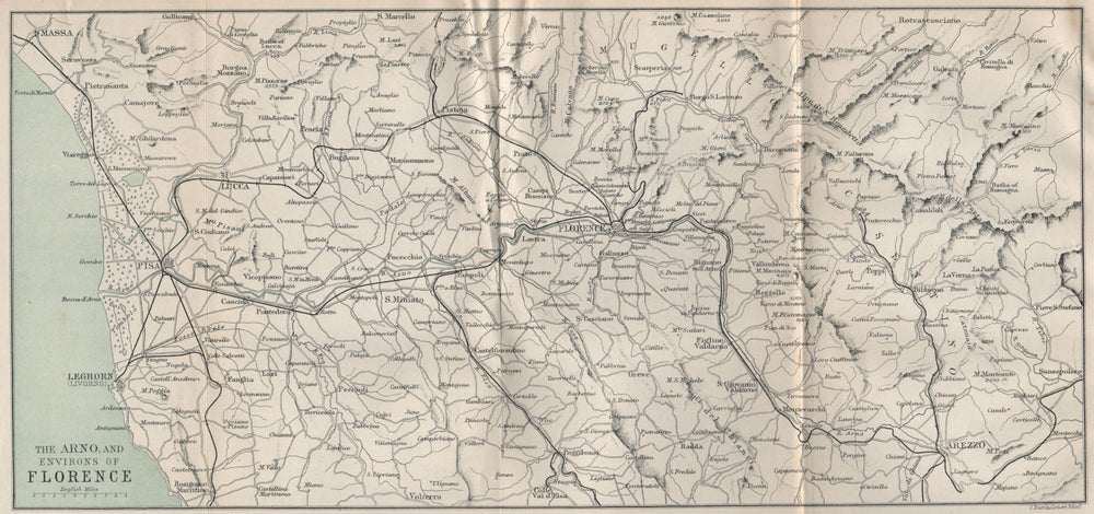 ARNO river valley & FLORENCE environs Pisa Livorno Arezzo Lucca Tuscany 1890 map