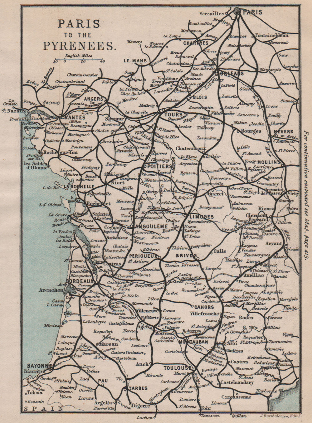 SOUTH WEST FRANCE. Paris to the Pyrenees. Aquitaine 1885 old antique map chart