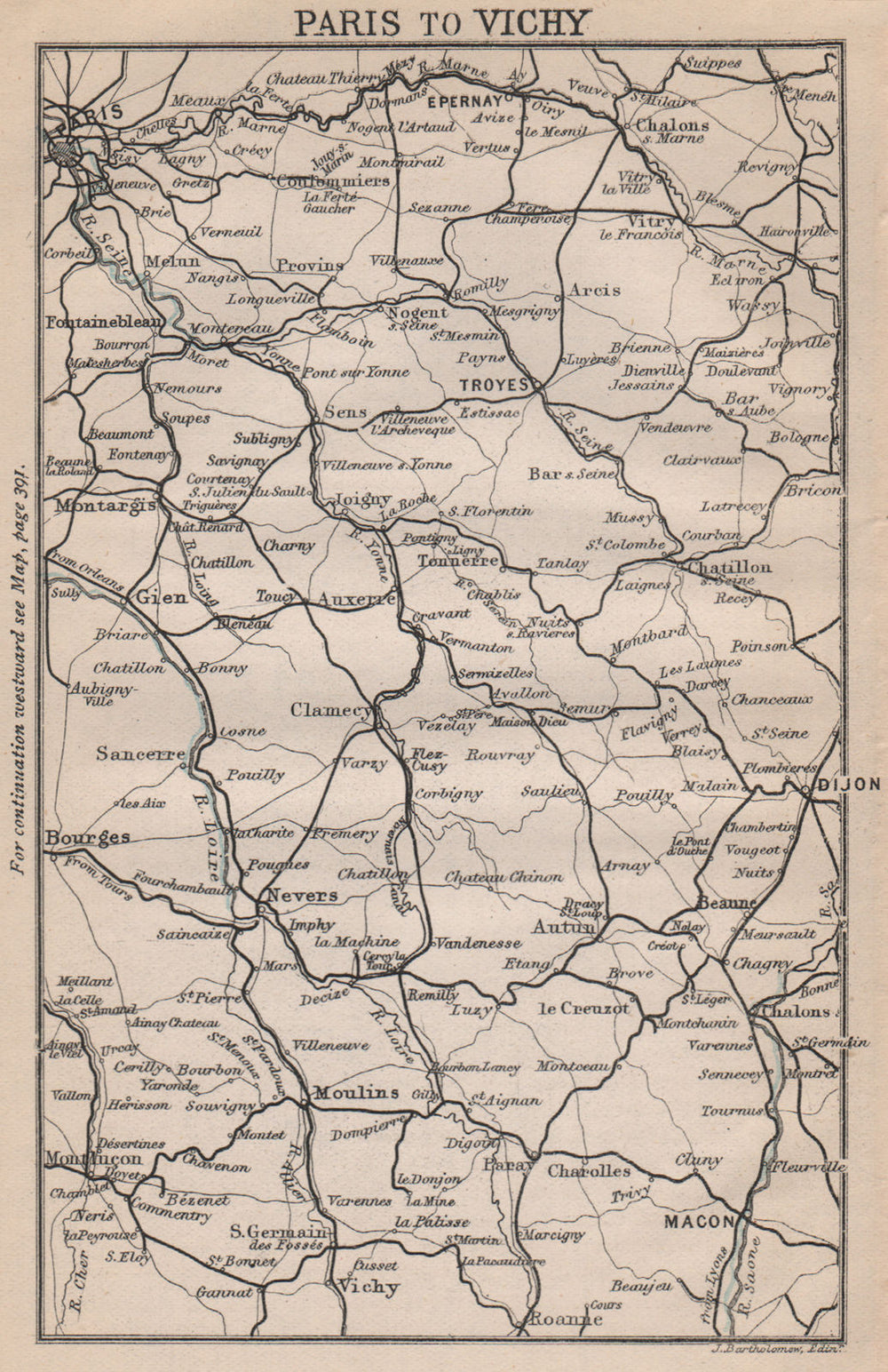 PARIS TO VICHY. Bourgogne-Centre. Dijon Troyes Epernay Bourges 1885 old map