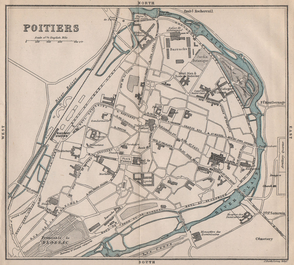 POITIERS antique town city plan de la ville. Vienne 1885 old map chart