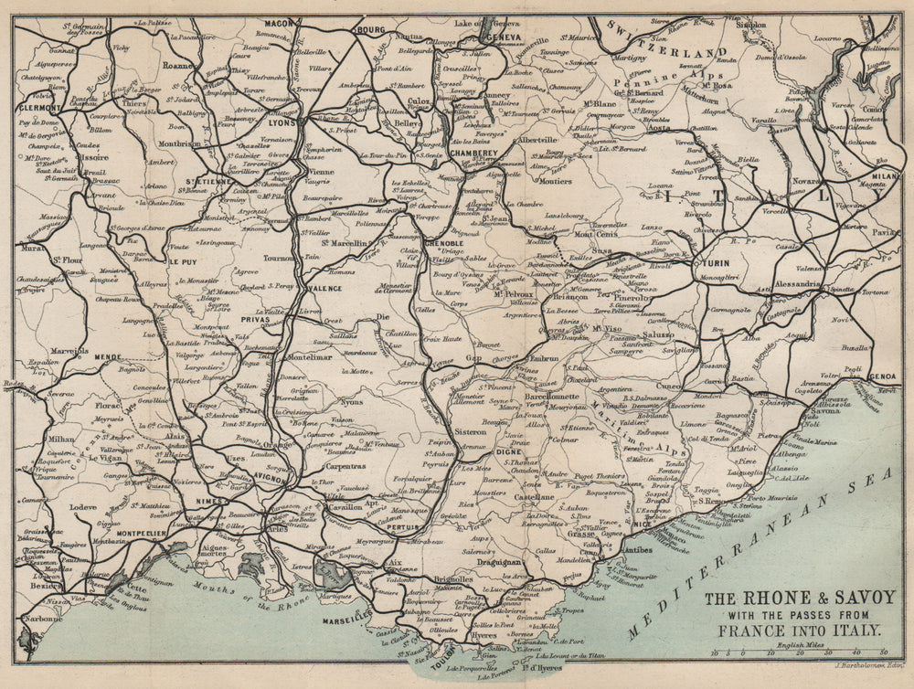 FRENCH & ITALIAN ALPS. Provence Alpes Cote d'Azur. Savoie Rhone Valley 1885 map