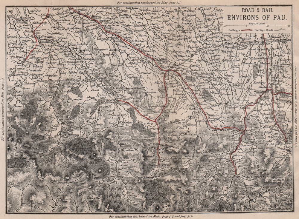 PAU environs. Bigorre Lourdes Tarbes Cauterets. Railways 1885 old antique map