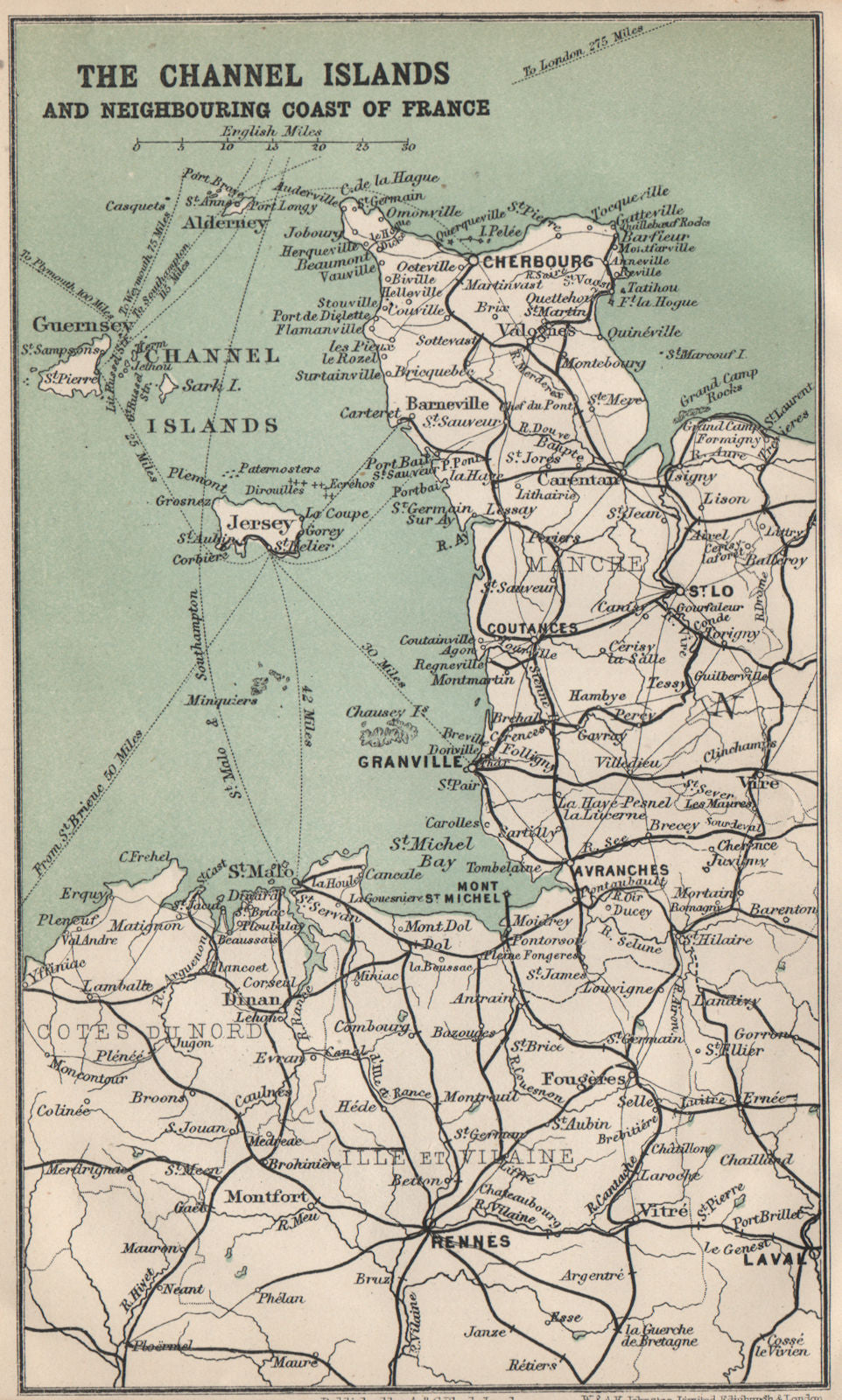 CHANNEL ISLANDS & COAST OF FRANCE. Normandy Mont St Michel 1913 old map