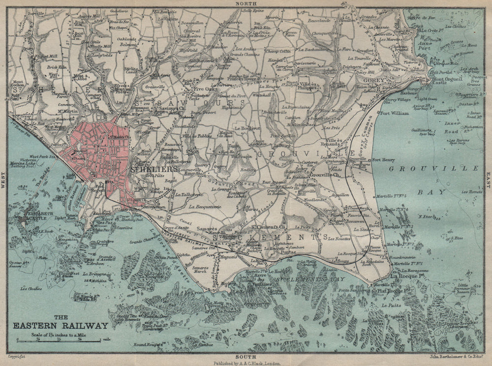 JERSEY St Helier Eastern railway St Clements Grouville. Channel Islands 1913 map