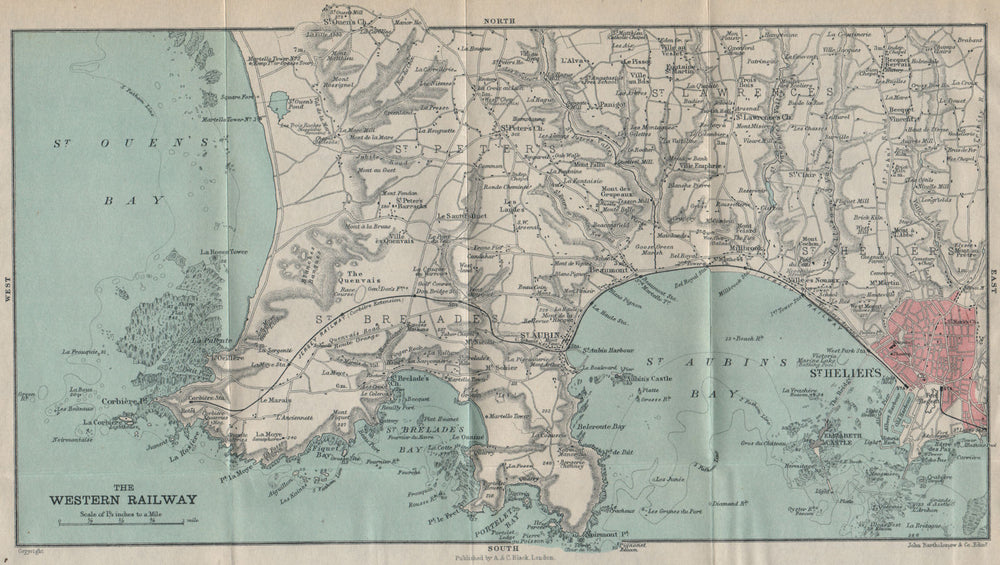 JERSEY St Helier western railway St Brelades. Channel Islands 1913 old map