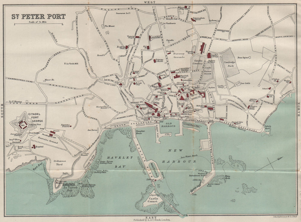 ST. PETER PORT antique town city harbour plan. Channel Islands 1913 old map