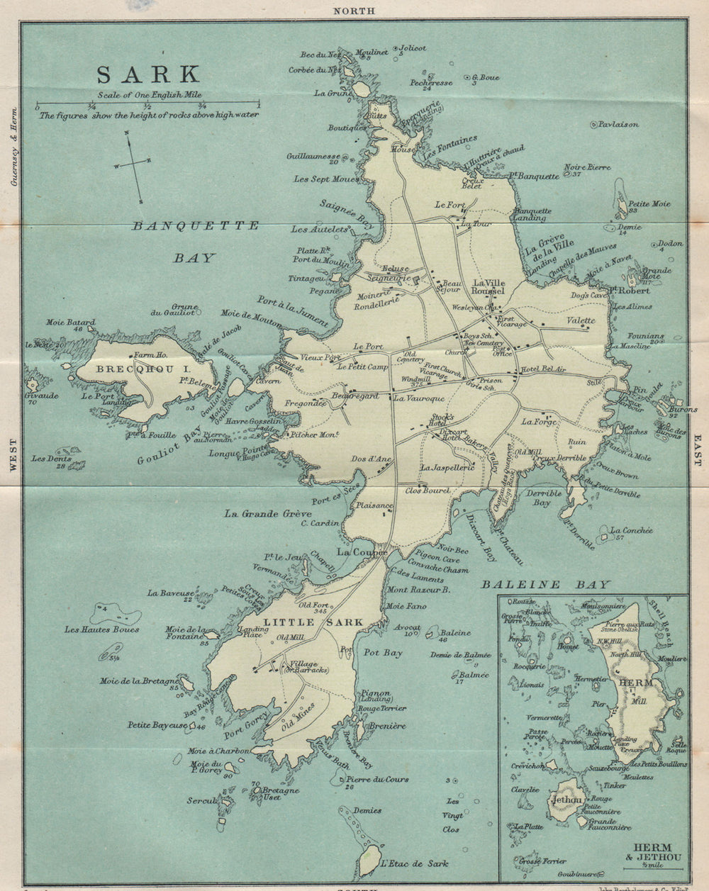 The island of SARK. Herm & Jethou. Channel Islands 1913 old antique map chart