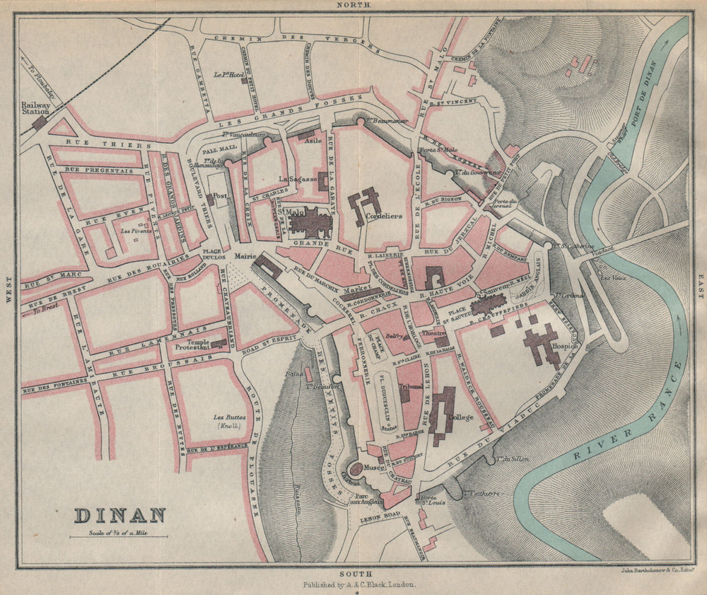 DINAN antique town city plan de la ville. Côtes-d'Armor 1913 old map
