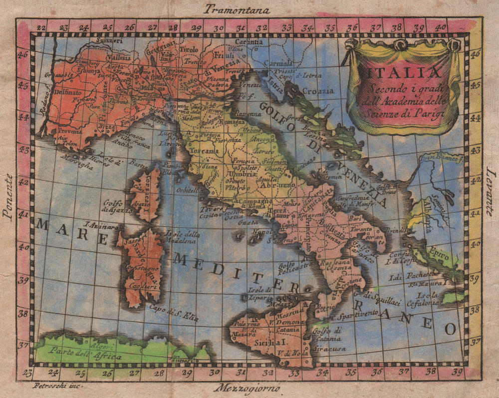 'Italia'. Italy. Original hand colour. BUFFIER 1775 old antique map plan chart