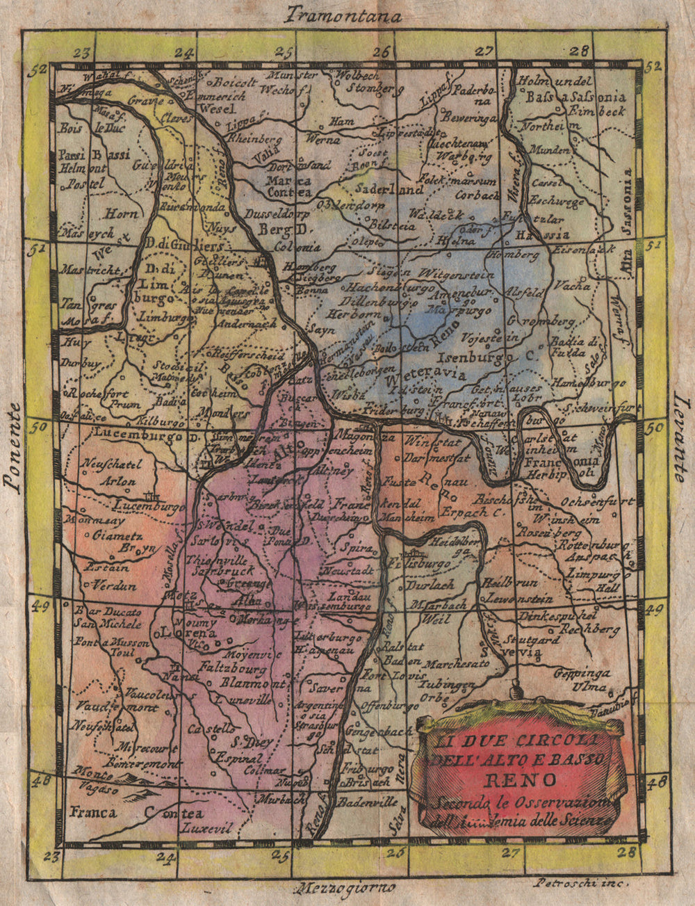 'Li due Circoli Dell' Alto e Basso Reno'. Rhine valley. BUFFIER 1775 old map