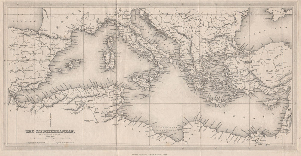The Mediterranean & Turkish Empire. FINDLAY 1840 old antique map plan chart