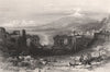Ruins of the theatre at Taormina & Mount Etna, Sicily 1840 old antique print