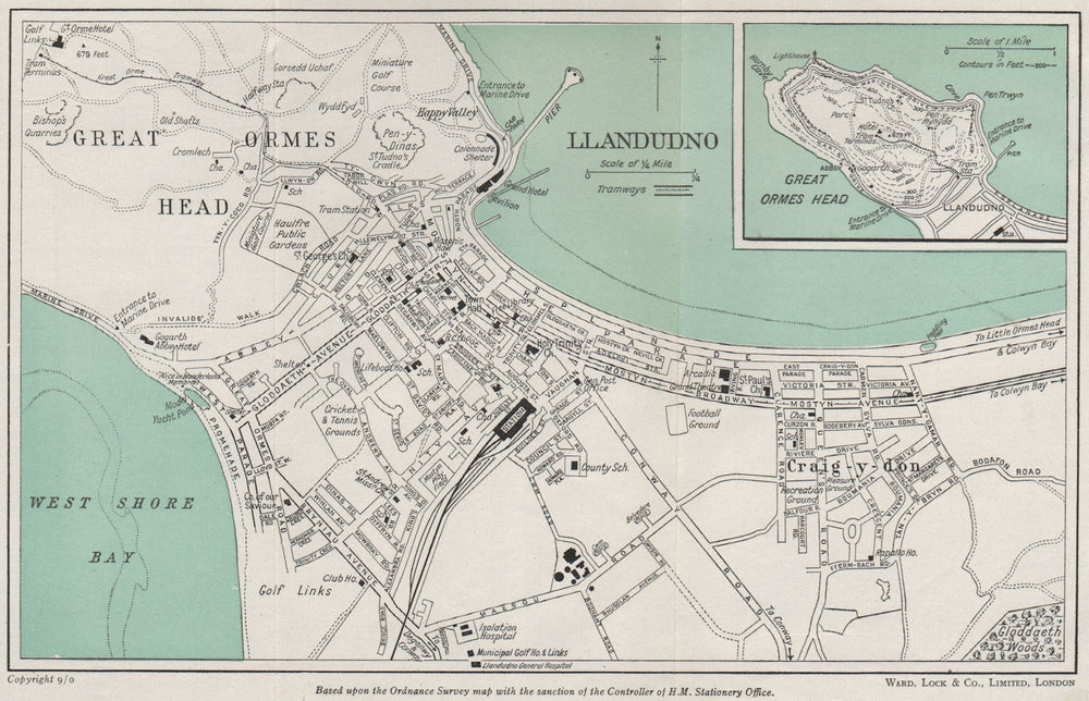 LLANDUDNO vintage town/city plan. Great Orme's Head. Wales. WARD LOCK 1950 map