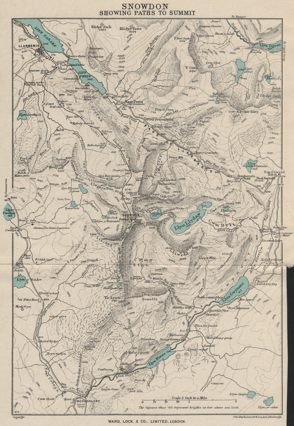 SNOWDON SHOWING PATHS TO SUMMIT. Llanberis. WARD LOCK 1950 old vintage map