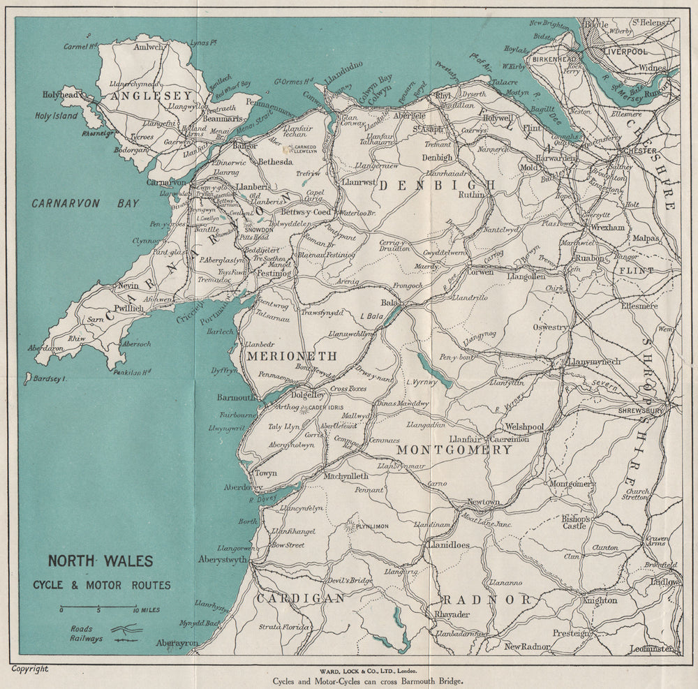 NORTH WALES CYCLE & MOTOR ROUTES. Railways. WARD LOCK 1923 old antique map