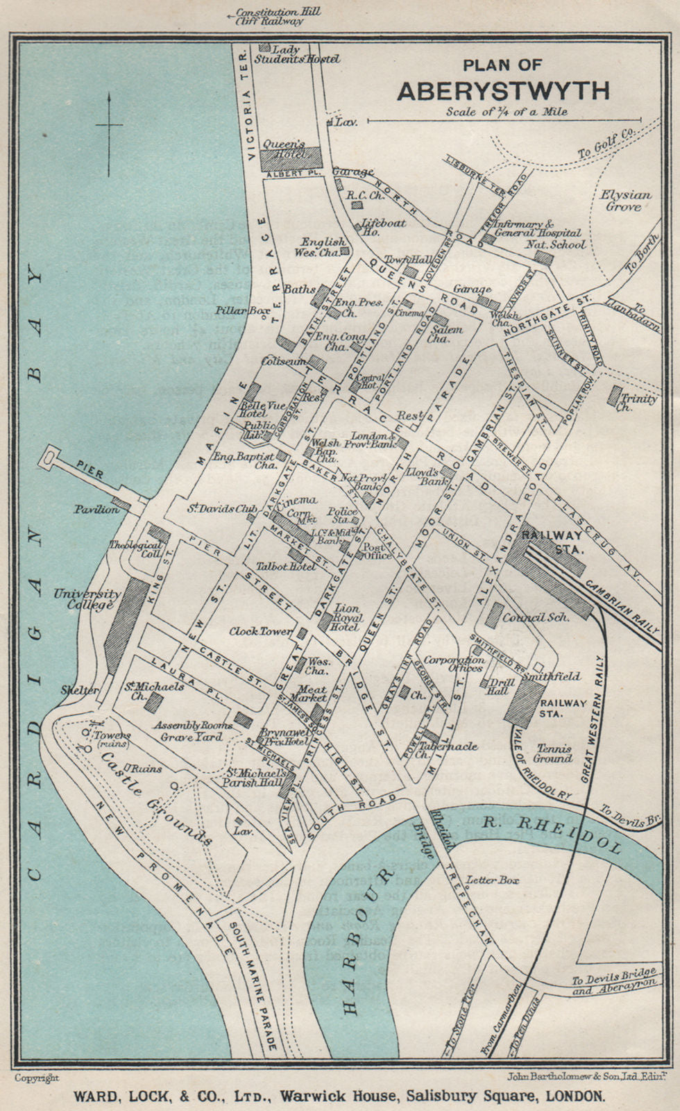 ABERYSTWYTH vintage town/city plan. Wales. WARD LOCK 1923 old antique map