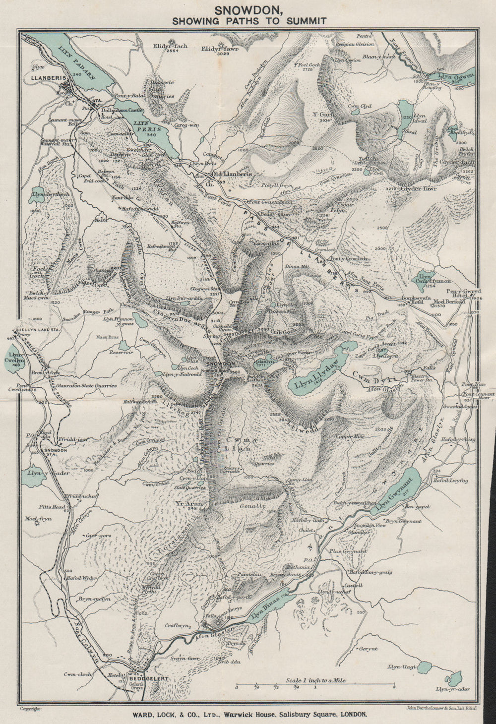 SNOWDON SHOWING PATHS TO SUMMIT. Llanberis. WARD LOCK 1923 old antique map
