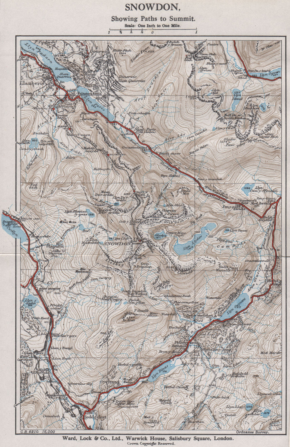 SNOWDON SHOWING PATHS TO SUMMIT. Llanberis. WARD LOCK 1935 old vintage map