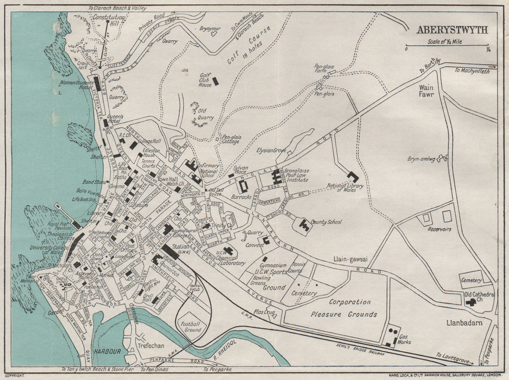 ABERYSTWYTH vintage town/city plan. Wales. WARD LOCK 1935 old vintage map