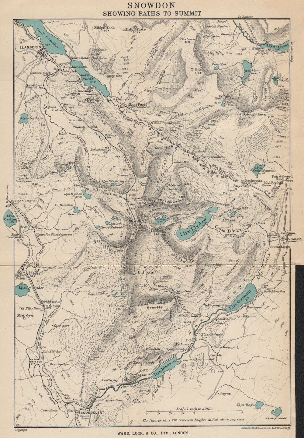 SNOWDON SHOWING PATHS TO SUMMIT. Llanberis. WARD LOCK 1948 old vintage map