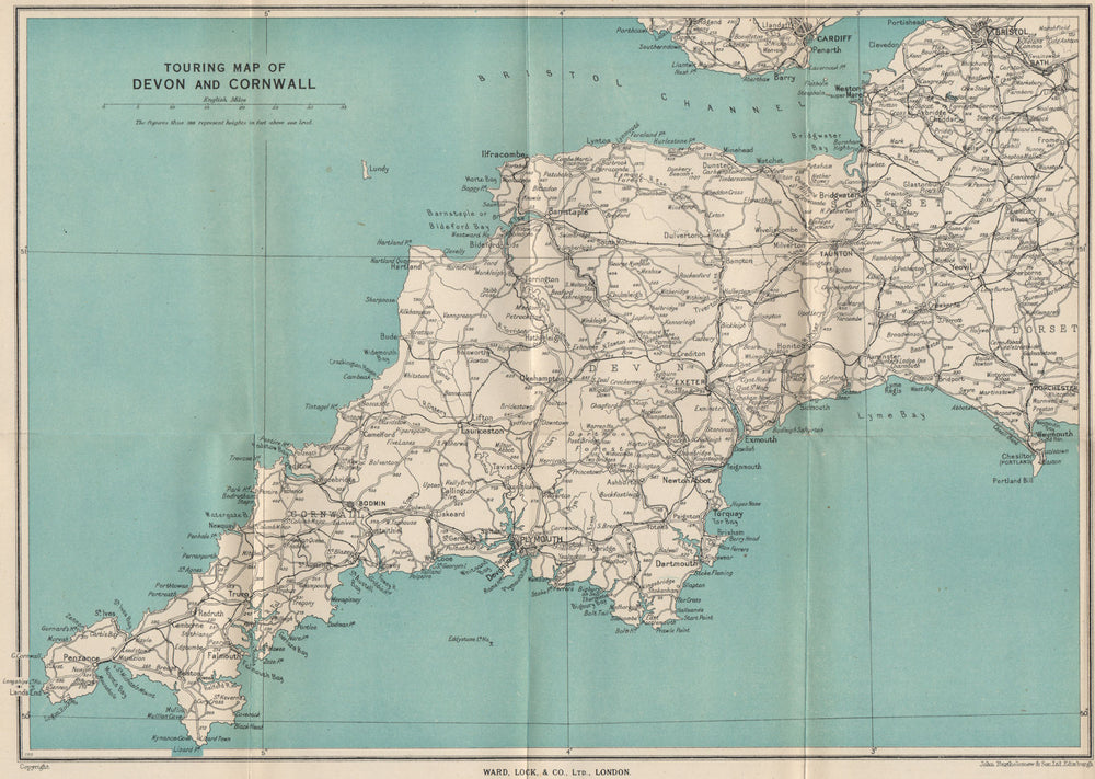 TOURING MAP OF DEVON AND CORNWALL. South West England. WARD LOCK 1946 old