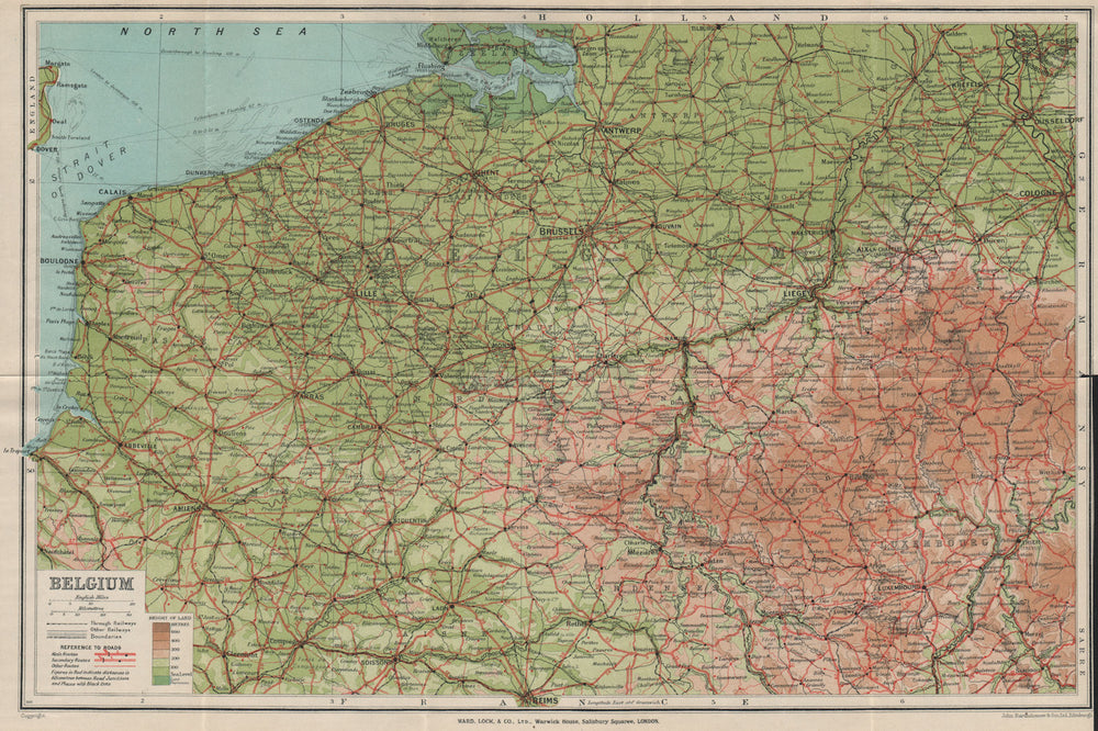 Vintage map of BELGIUM. Relief roads railways. WARD LOCK 1926 old vintage