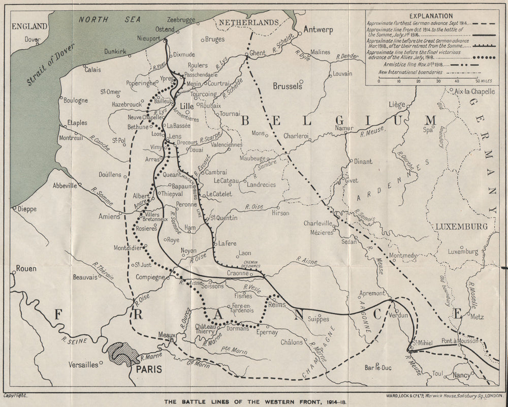 WESTERN FRONT Battle lines 1914-18. Armistice line. Somme. WARD LOCK 1926 map
