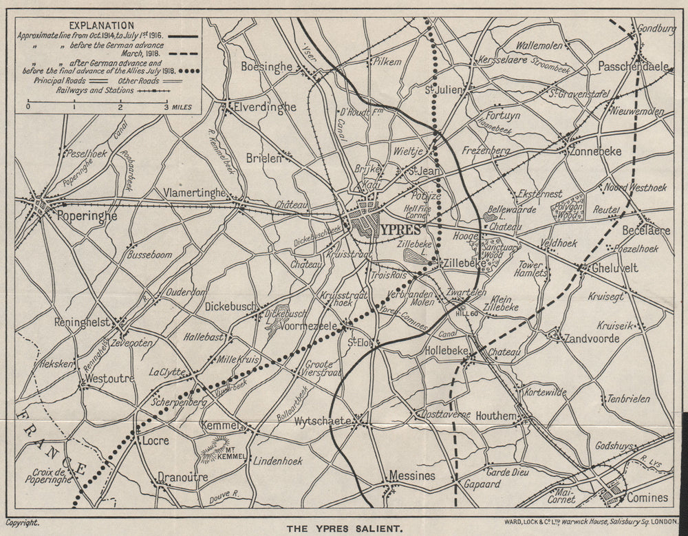 YPRES SALIENT First World War battle lines 1916-1918 Belgium. WARD LOCK 1926 map