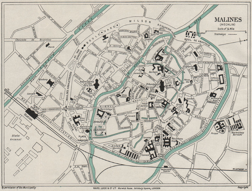 MALINES MECHELEN vintage town/city plan. Belgium. WARD LOCK 1926 old map