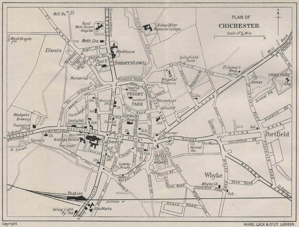 CHICHESTER vintage town/city plan. Sussex. WARD LOCK 1928 old vintage map