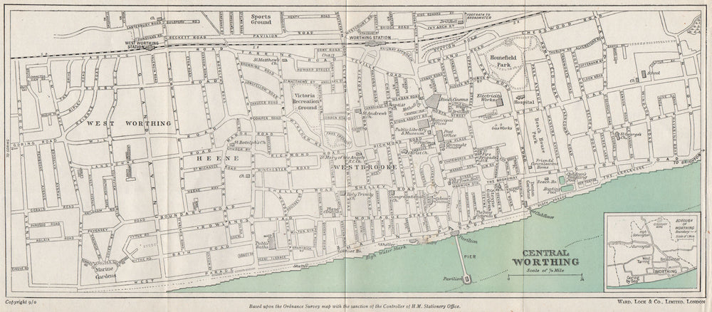 CENTRAL WORTHING vintage town/city plan. Sussex. WARD LOCK 1950 old map