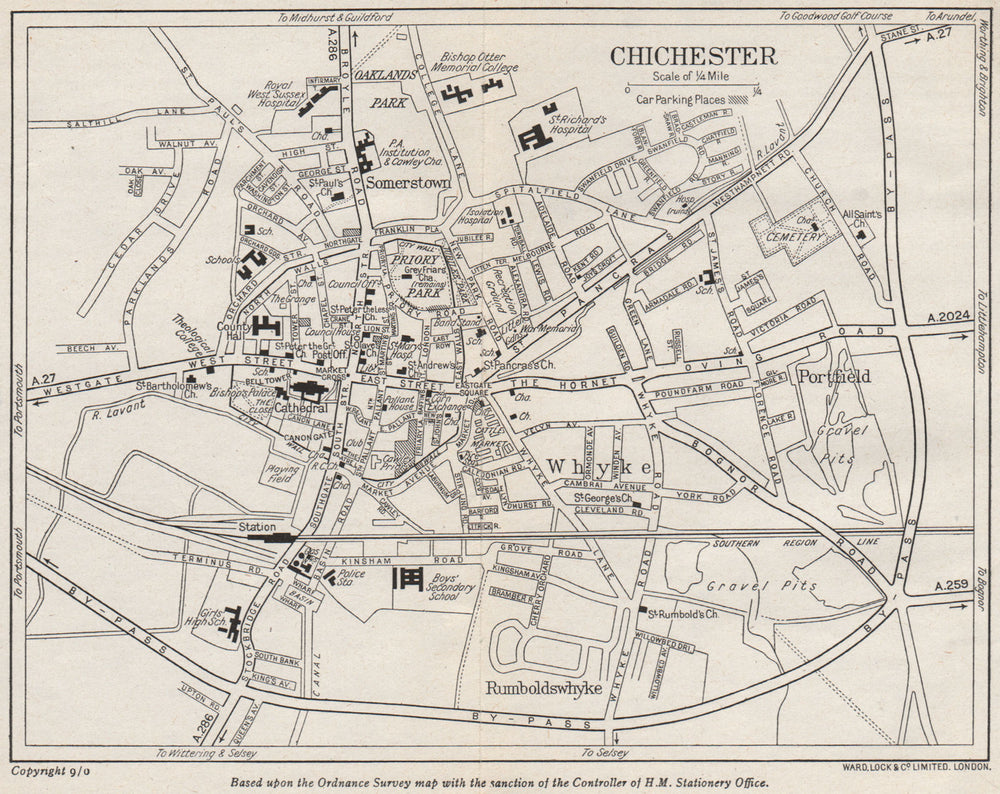 CHICHESTER vintage town/city plan. Sussex. WARD LOCK 1950 old vintage map