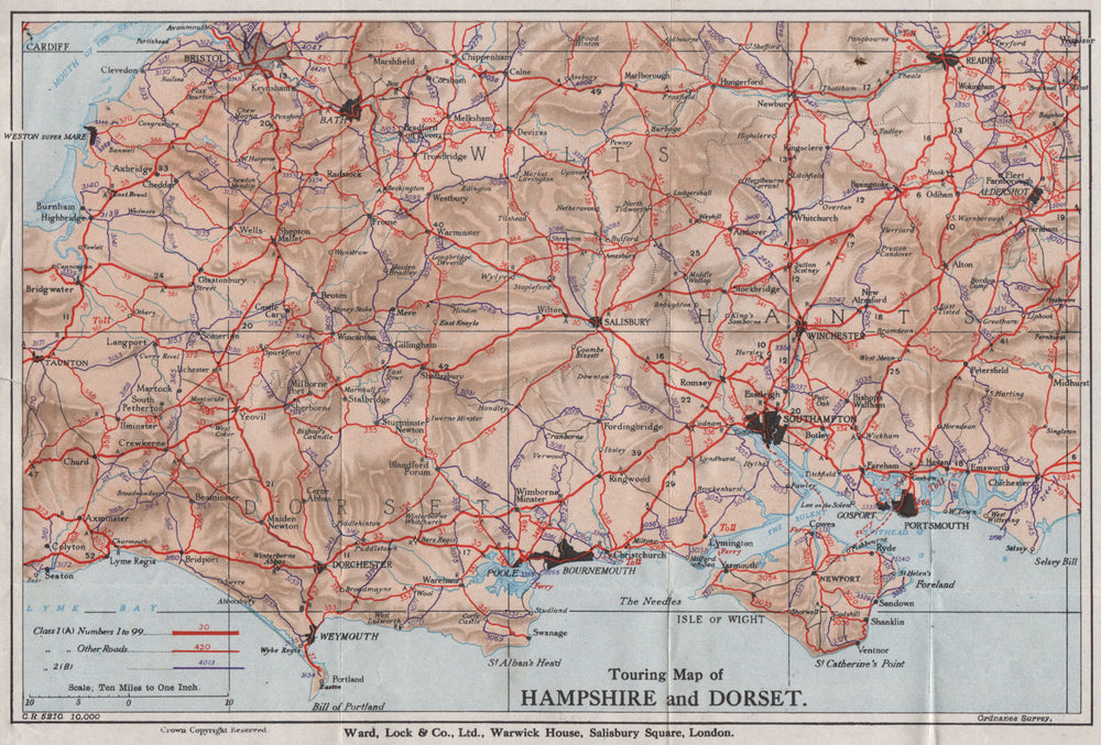 TOURING MAP OF HAMPSHIRE & DORSET. Wiltshire Somerset. WARD LOCK 1936 old