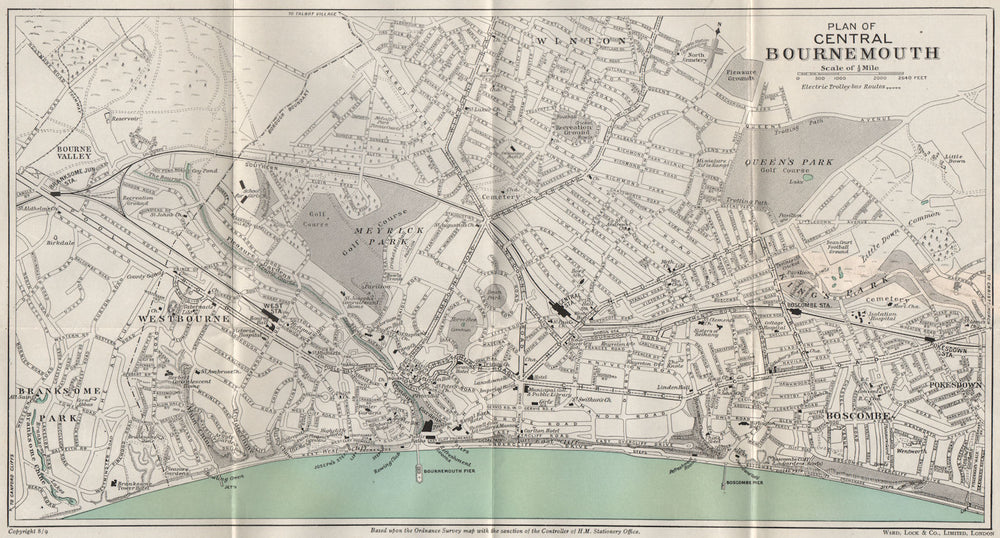CENTRAL BOURNEMOUTH vintage town/city plan. Dorset. WARD LOCK 1946 old map