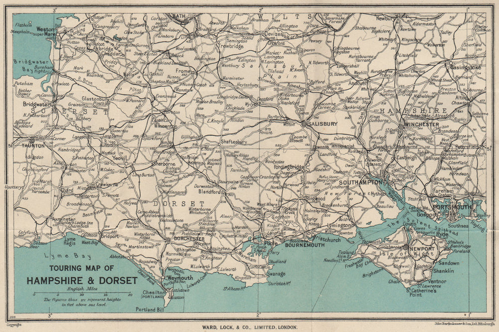 TOURING MAP OF HAMPSHIRE & DORSET. Wiltshire Somerset. WARD LOCK 1946 old