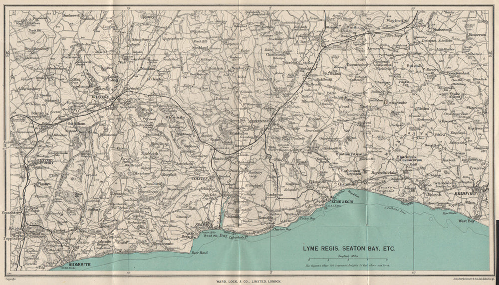 JURASSIC COAST Sidmouth Seaton Lyme Regis Bridport Honiton Dorset Devon 1952 map