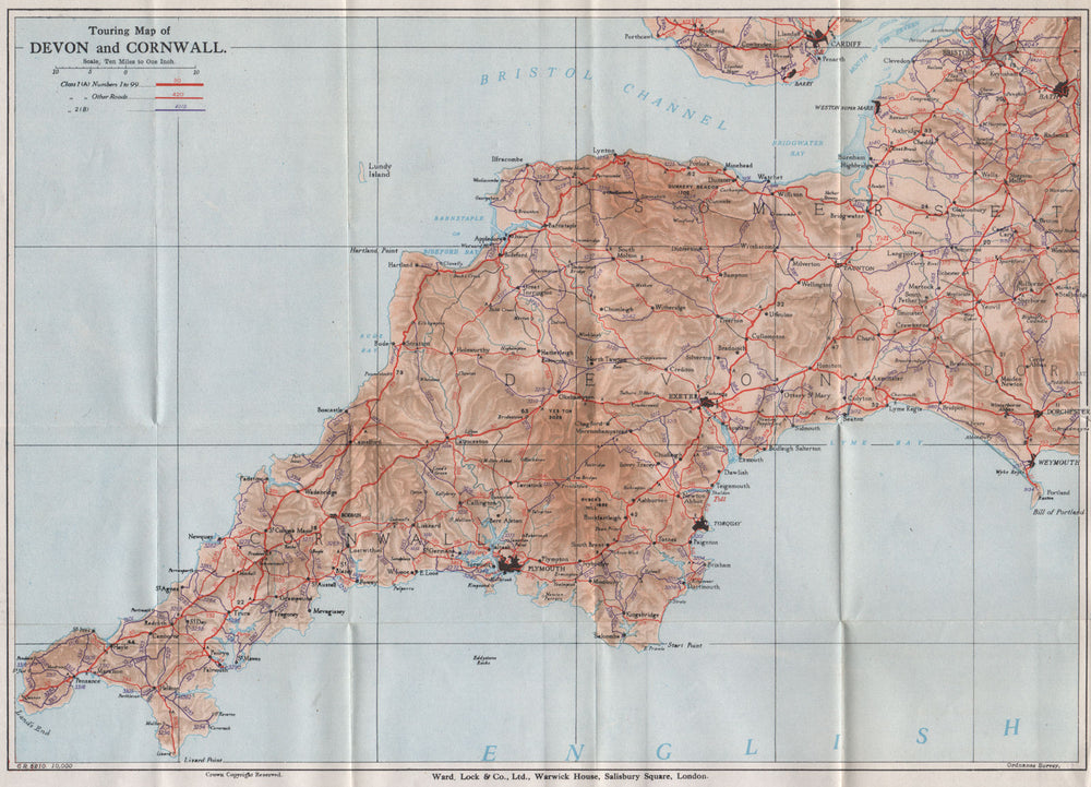 TOURING MAP OF DEVON & CORNWALL. South West England. WARD LOCK 1934 old