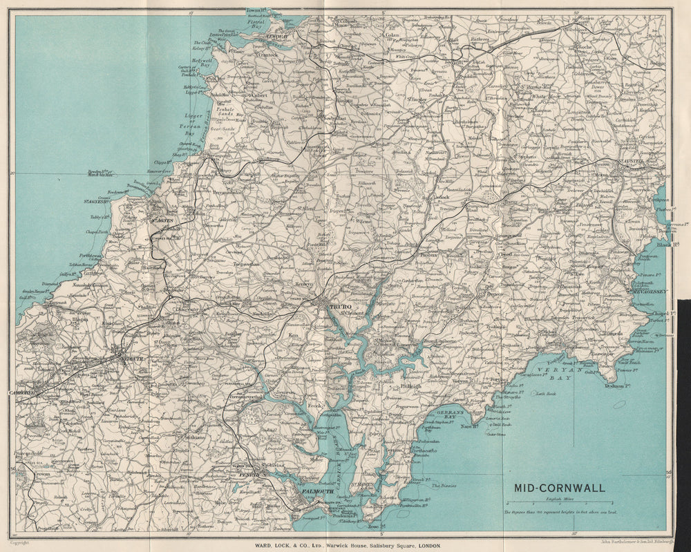 MID-CORNWALL. Carrick Roads Truro Newquay Redruth Falmouth St Austell 1934 map