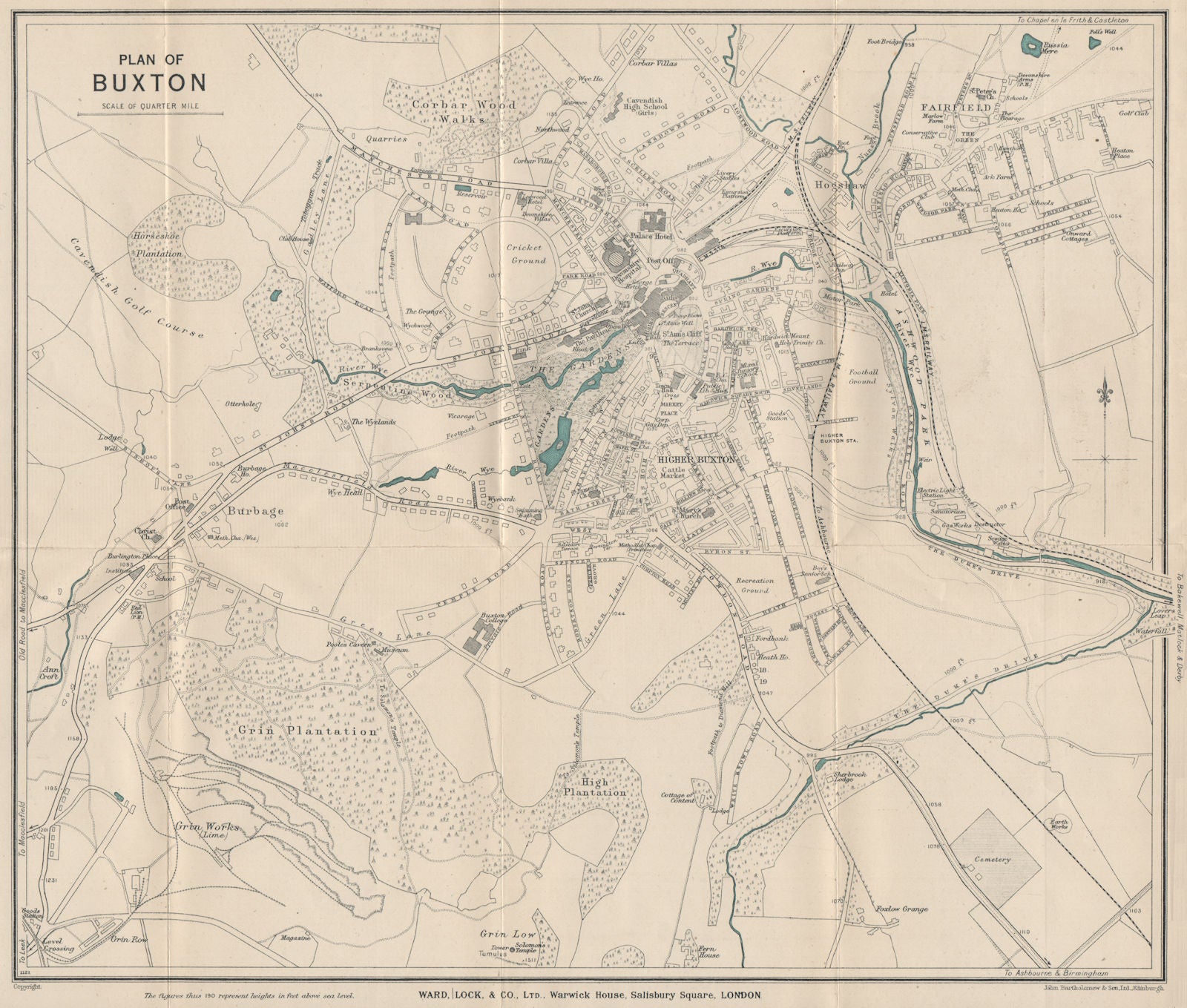 BUXTON vintage town/city plan. Derbyshire. WARD LOCK 1936 old vintage ...